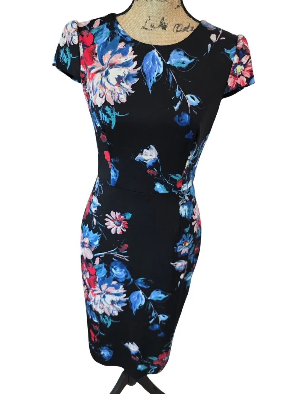 Betsey Johnson Black Floral Sheath Midi Dress with Pink &‎ Blue Blooms Size 4